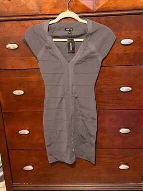 Express Gray V-Neck Bandage Mini Dress